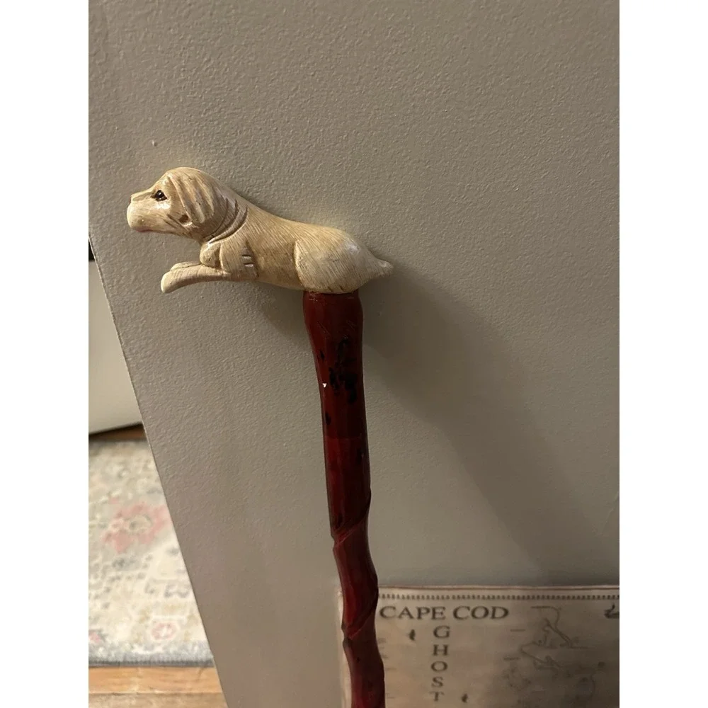 Hand Carved Dog Handle, Walking Stick 34 Inch Twist Shaft + Folk Art Cane Money